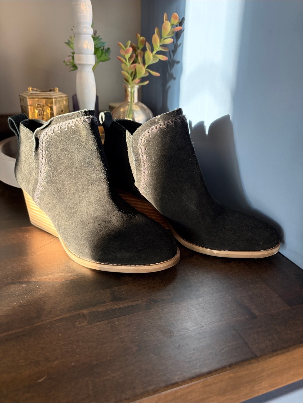 Toms Black Suede Ankle Booties with Tan Wedge